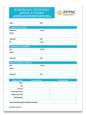 Attestation d'entretien type pour les pompes à chaleur Air/Eau et Air/Air