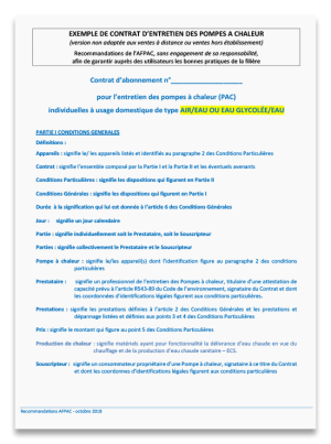 Exemple de contrat d'entretien PAC Air/Eau ; PAC Eau glycolée/Eau.